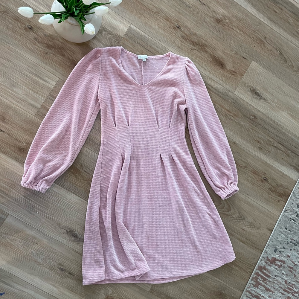 Chenault Pink A-Line Bishop Sleeve V-Neck Dress